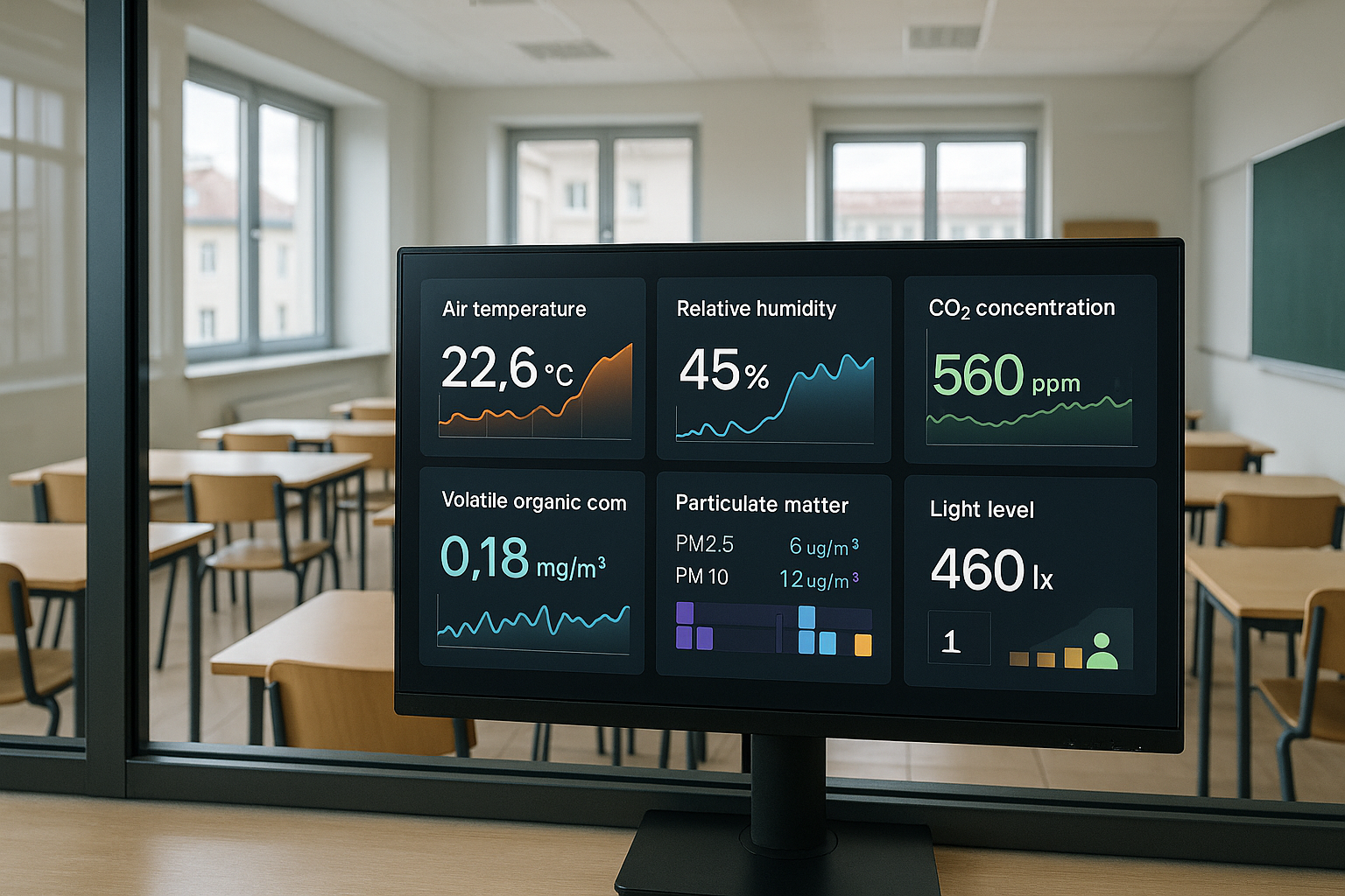 Monitor s grafy a sledovanými hodnotami mikroklimatu ve vnitřním prostředí