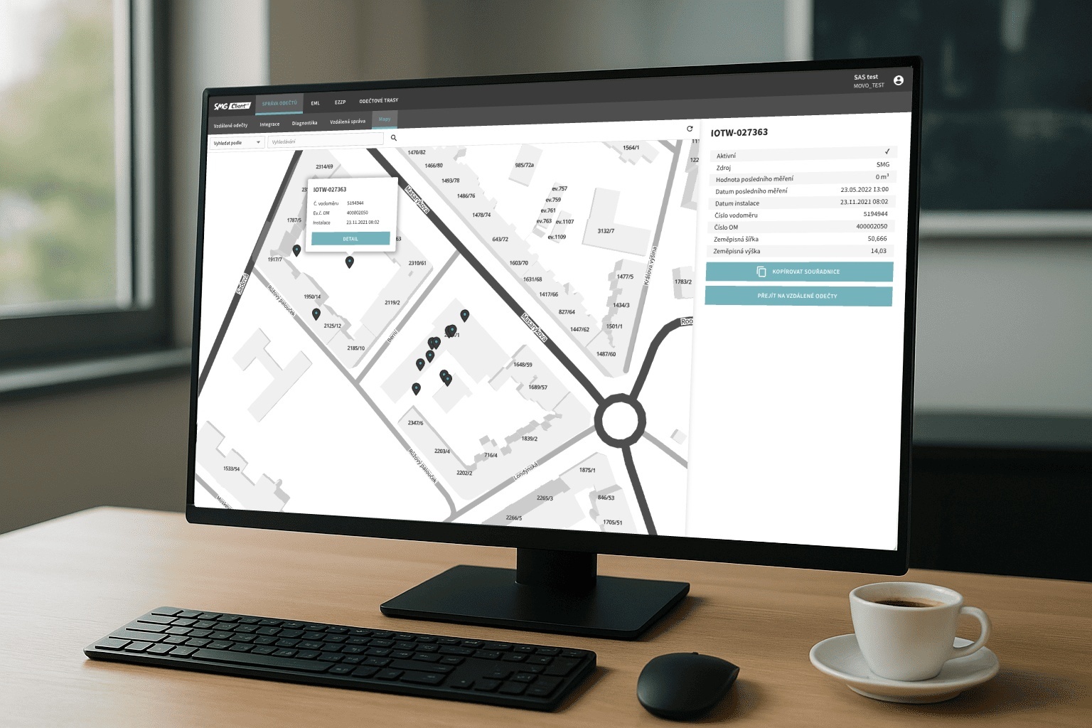 Zobrazení osazených IoT odečtových hlav na mapě v aplikaci SMG client od IoT.water