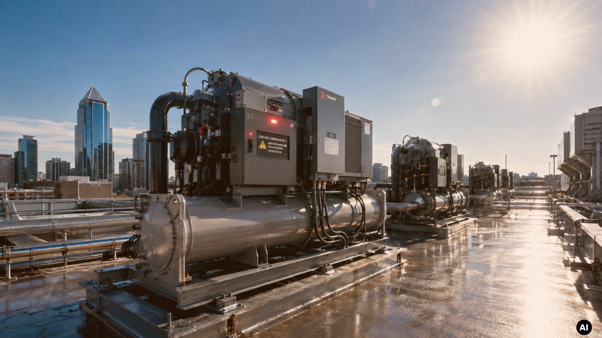 HVAC systém na střeše kancelářské budovy